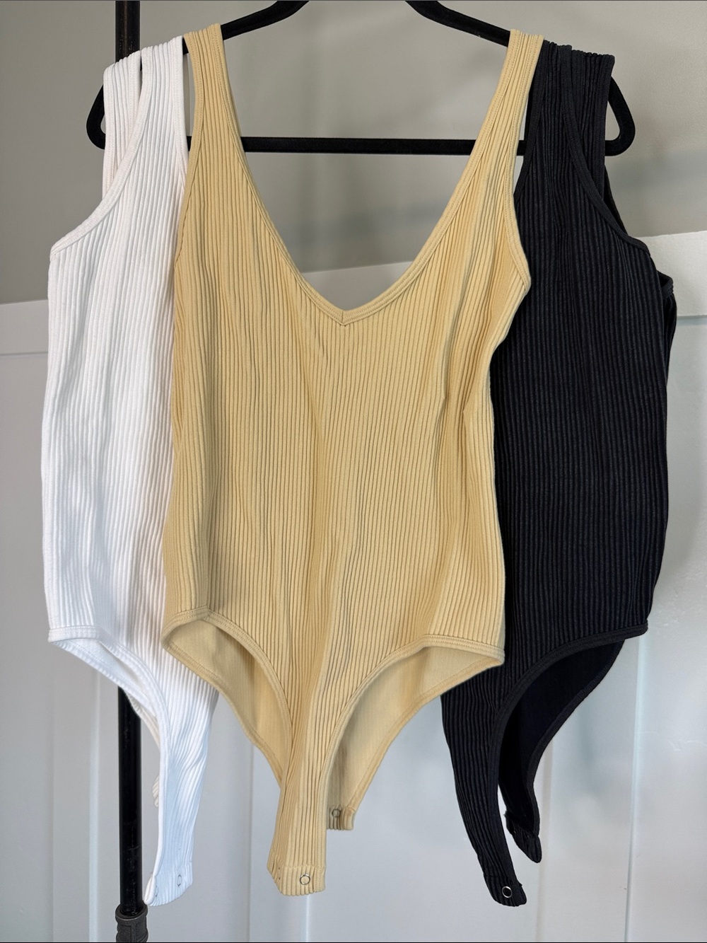Aura Ribbed V-Neck Bodysuit Trio in Cream, Black & White